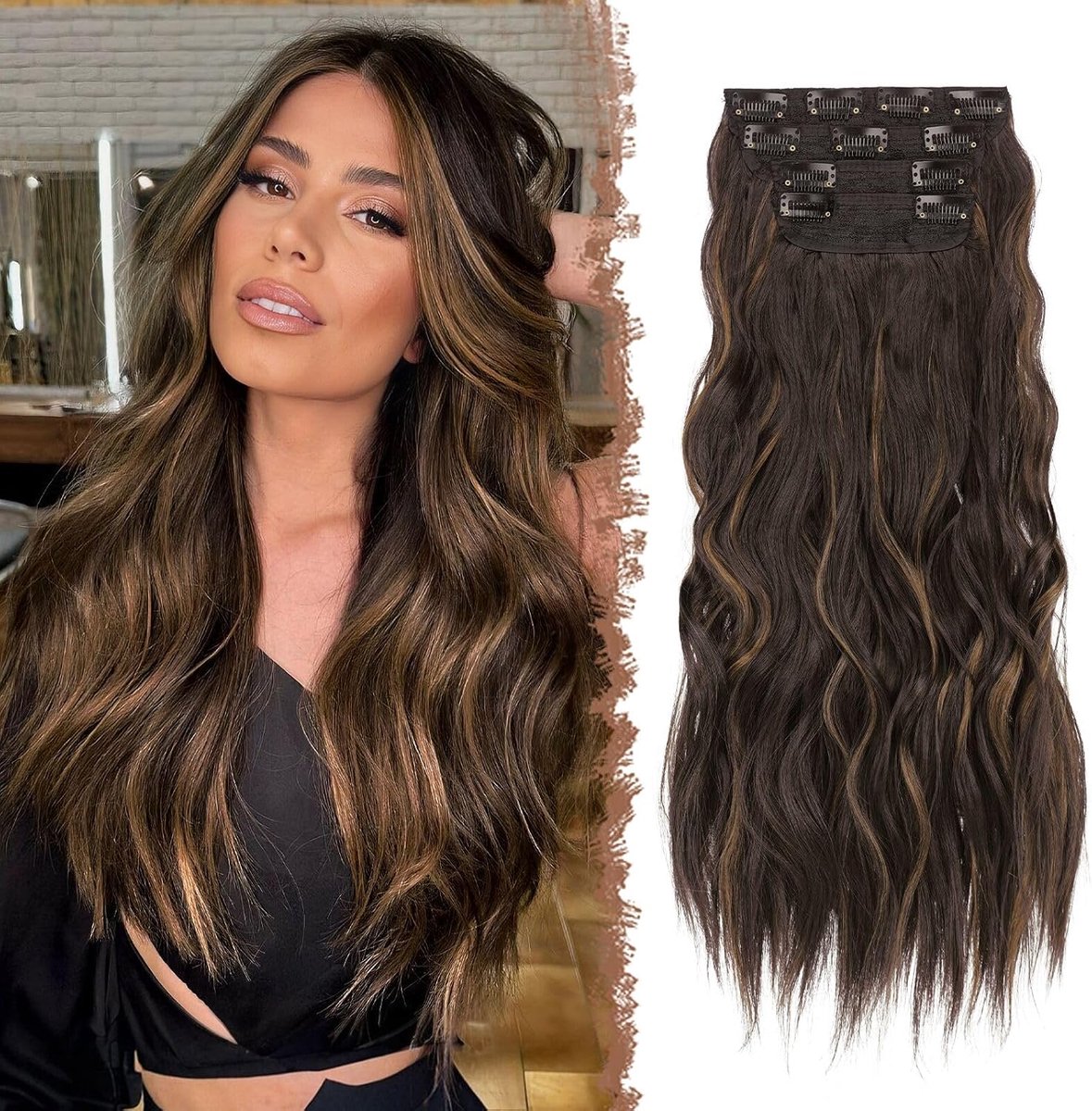Clip-in Golvende Extensions Synthetische Haarstukjes voor Vrouwen | 4 Stuks 50 cm Lange hittebestendig Haarextensions voor Dagelijks Gebruik en Feestje, Donkerbruin en Goudbruin