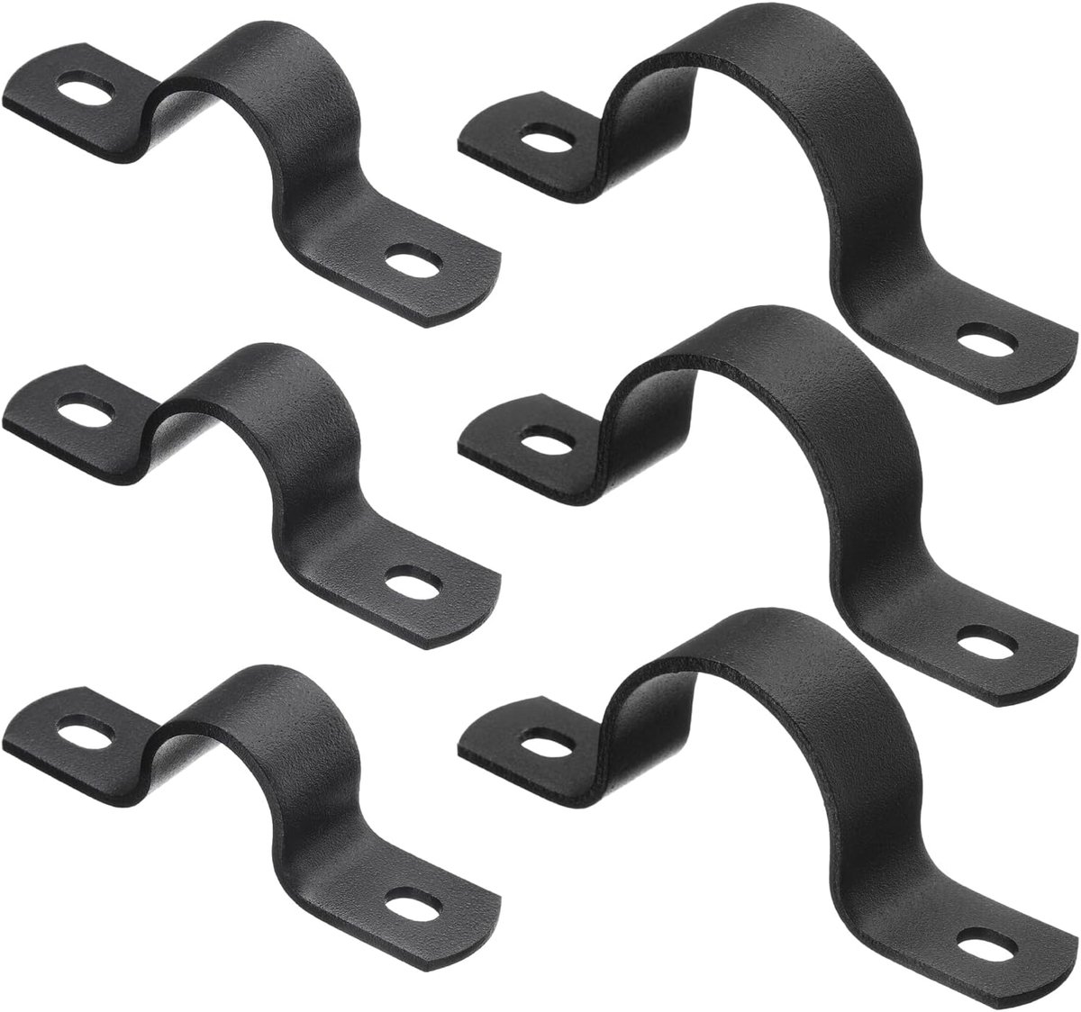 6 stuks metalen buisklemmen, 2 maten, koolstofstaal, riem met twee gaten, U-beugel, buisclip, kabelkanaalklemmen voor buisbevestiging, kabelinstallatie, decoratie, zwart (1/2" 1")