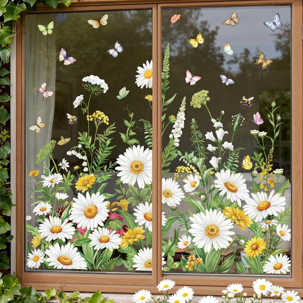 wondever Gele Witte Daisy Raamklampen Lente Zomer Wilde Bloemen Gras Vlinders Glas Sticker Decal Anti-Collision Dubbelzijdige Statische Raamstickers voor Thuisglas