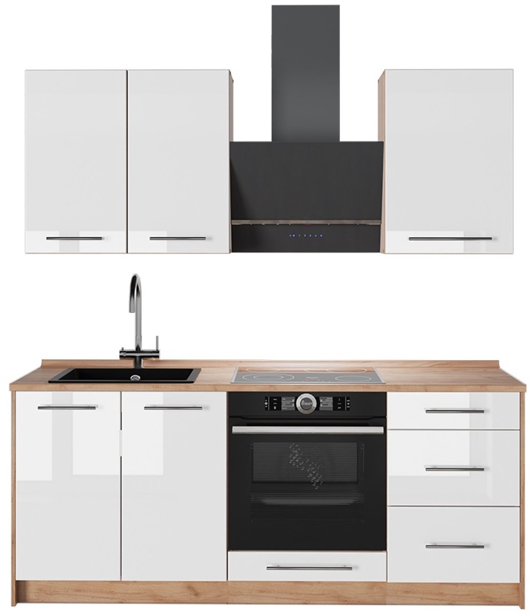 Vicco Eenpersoonskeuken Fame-Line, Wit Hoogglans/Goudkleurig Eiken, 190 cm, WB Eik