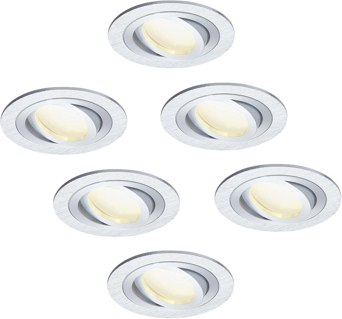 Set van 6 led-inbouwspots, dimbaar, plat, rond, zilver geborsteld, zwenkbaar, met 5 W ledmodule, warm wit, 3000 K, voor 230 V zonder transformator, glanzend gepolijste binnenring