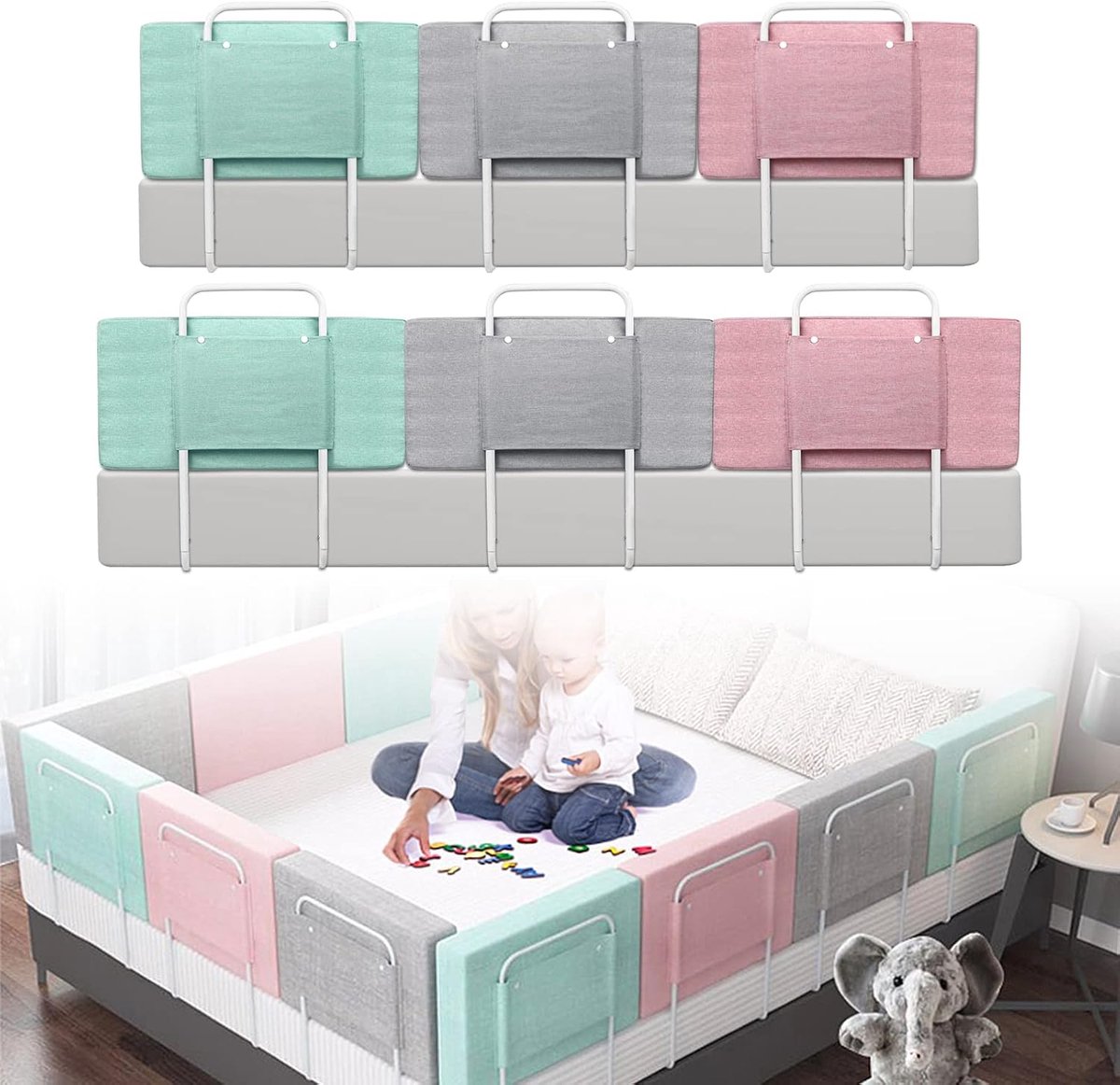 Bedhekje 60 cm, valbescherming voor baby's, 5 niveaus, in hoogte verstelbaar, kinderbedhekje met ritssluiting, wasbaar kinderbedhek, voor kinderbedden, ouderbedden (groen)