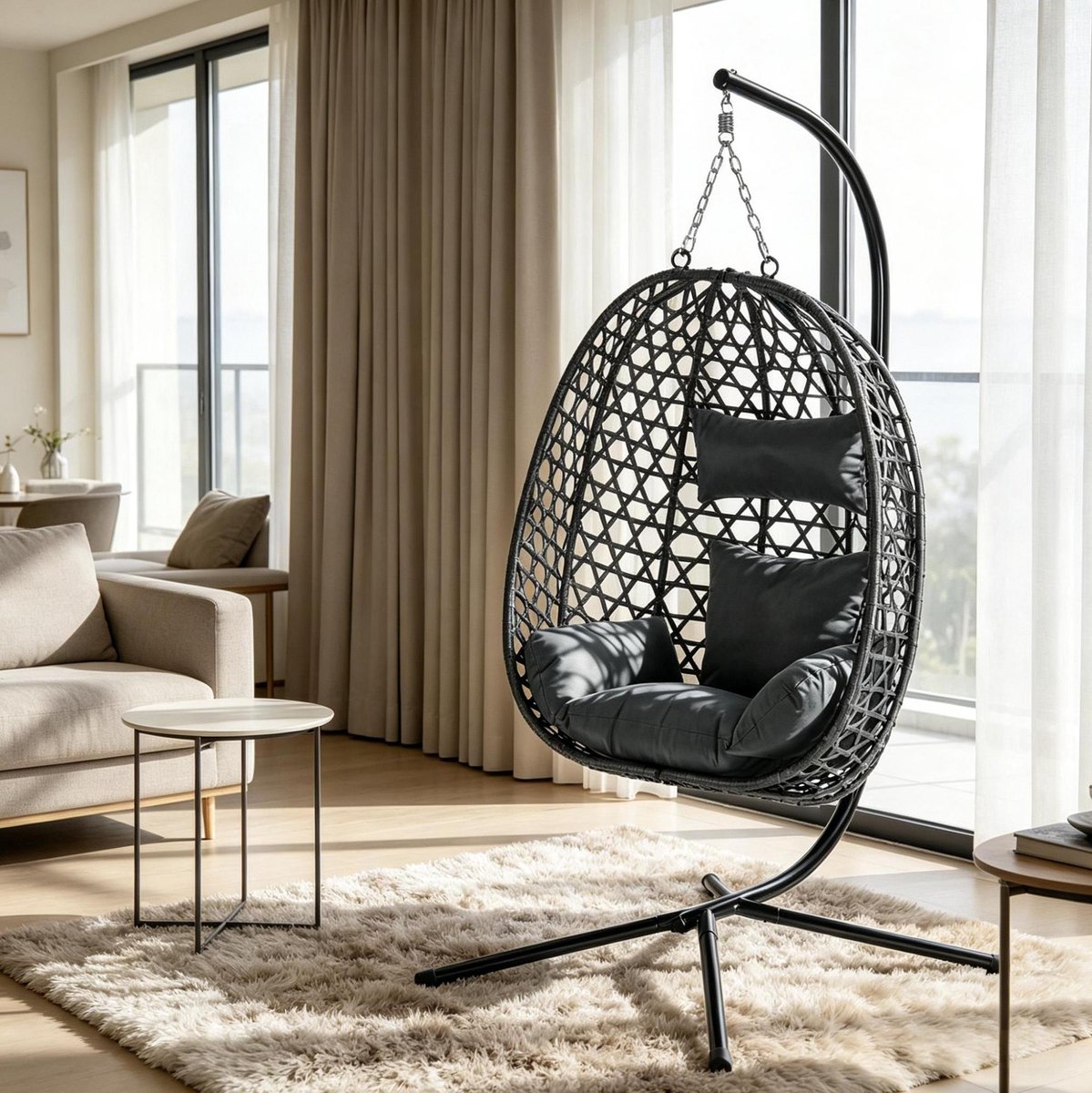 MIVRAY Schommelstoel - Verstelbare Hangstoel Met Standaard - Voor Woonkamer, Balkon, Terras En Tuin - Metaal En PE Rotan - Donkergrijs
