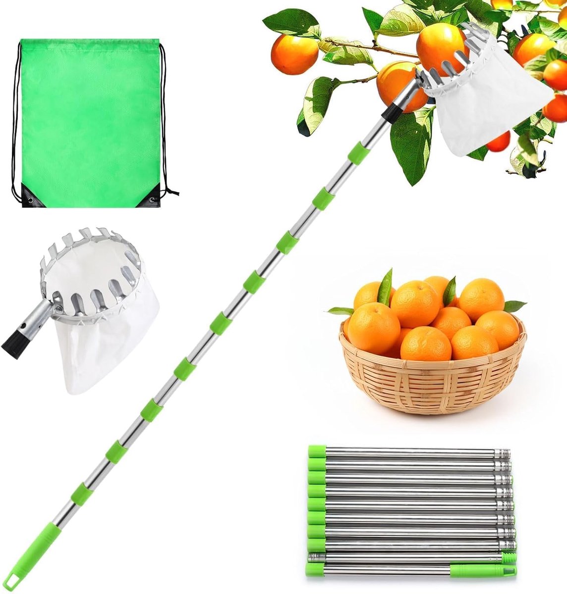 Fruitplukker met telescopisch handvat, 2.6M Fruit Picker Tool | Met zachte linnen tas, geschikt voor thuis, boomgaard, boerderij en tuin plukhulp voor appel, eenvoudig te monteren
