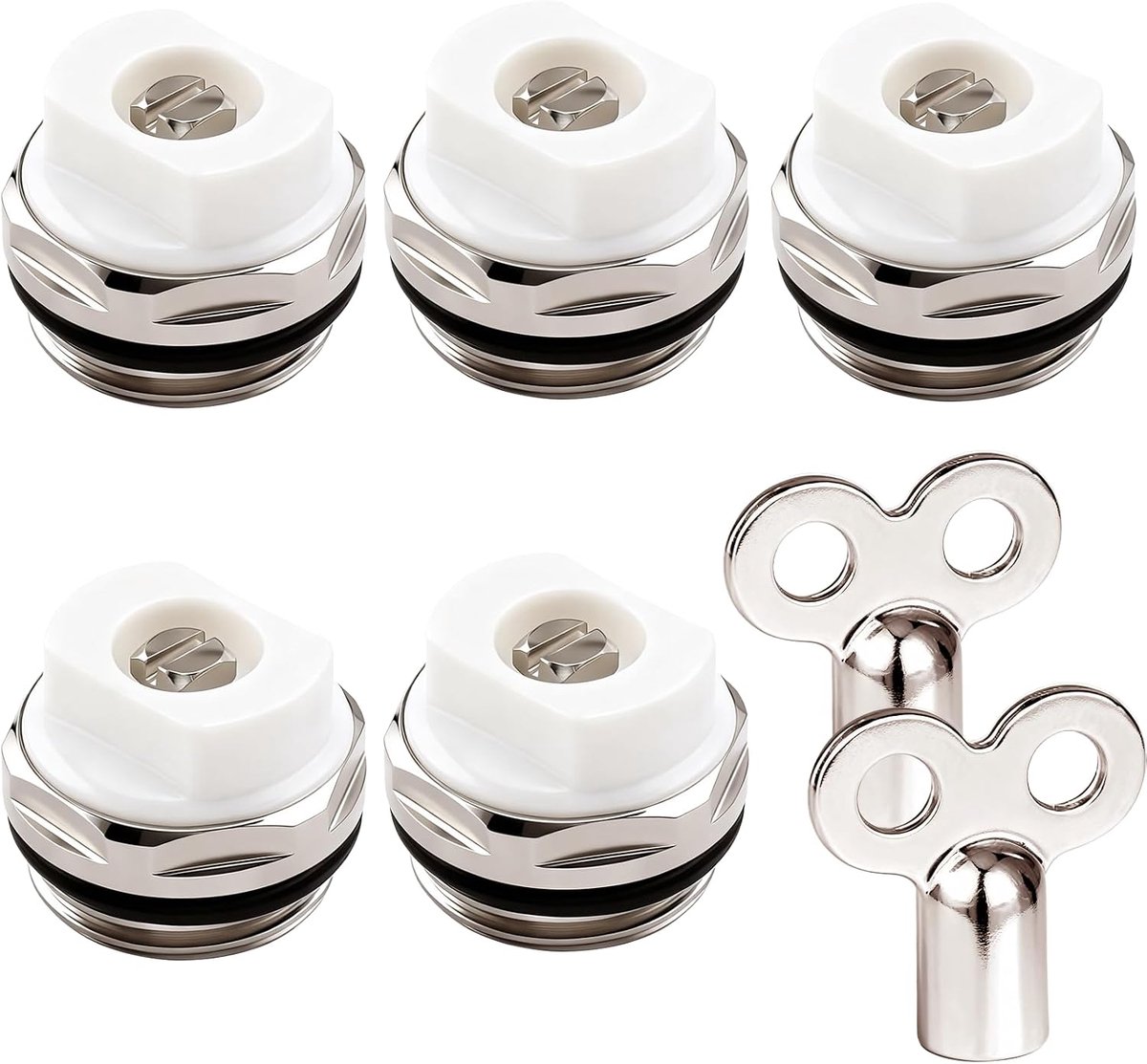 5 radiator-ontluchtingsventielen met 2 ontluchtingssleutels, 1/2 inch vernikkelde messing ventielen voor verwarmingssystemen, handmatige ontluchtingsset met uitlaatmondstukken en stoppen