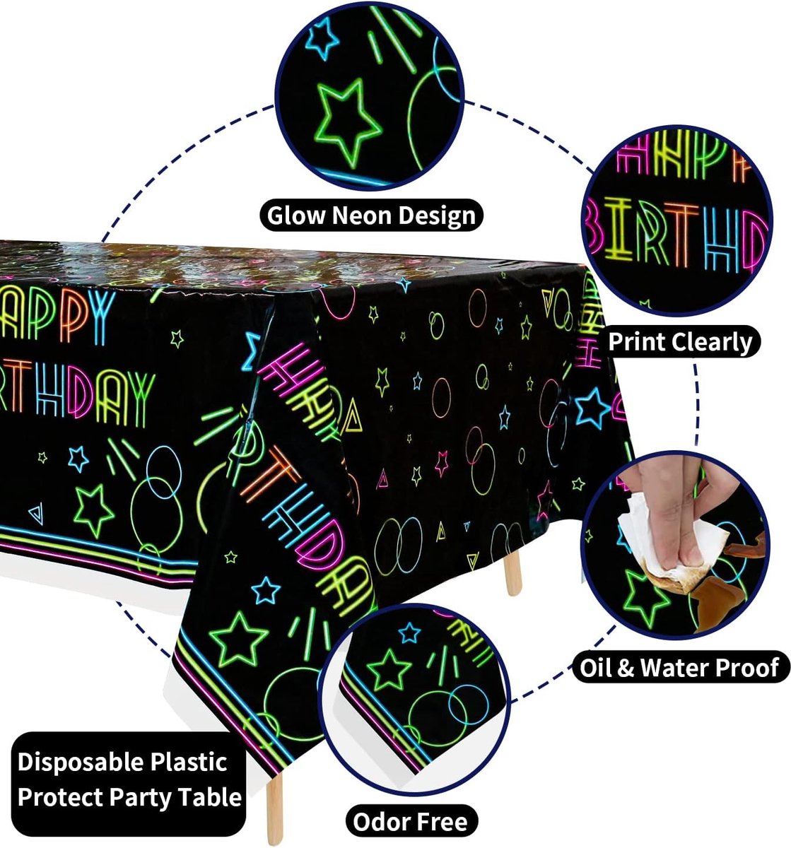 3 Pack Glow Party Tafelkleed Benodigdheden - Neon Plastic Wegwerp Verjaardag Tafelhoes, Zwart Licht Rechthoek All Over Print Tafelkleed 51"x86.52" voor Glow in The Dark Feesten Decoraties