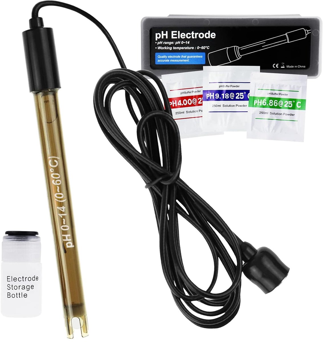 pH-elektrode met kalibratiepoeder, 0-14 pH zeer nauwkeurige sonde met BNC-connector & 200 cm kabel voor continue vloeistofmeting