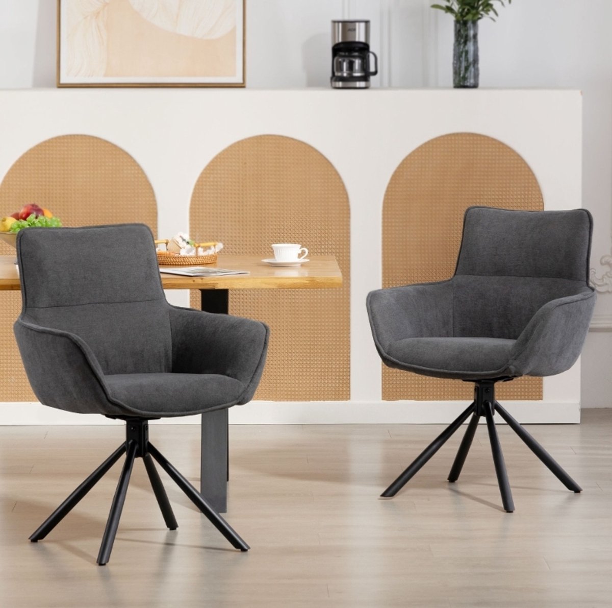 COVREO Eetkamerstoel 64x64x87 cm donkergrijs, velvetlook met armleuningen