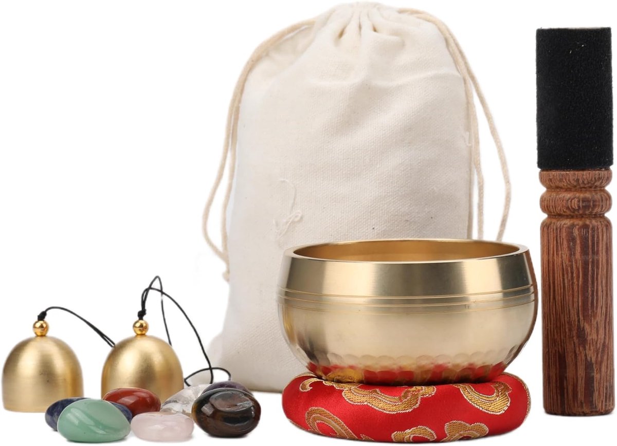 Tibetaanse Klankschaal - Meditatie Instrument - Ontspanning en Meditatie - Met 7 Chakra Stenen - 8 cm Diameter - Messing