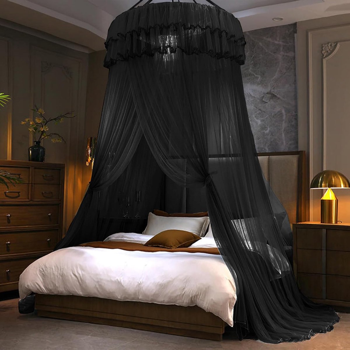 Klamboe Bedluifel voor meisjes, Princess Canopy Bed Gordijn Fijne Transparante Mesh Koepel, Kinderen & Volwassenen Kant Tent voor Twin Volledige Queen King Bed (zwart)