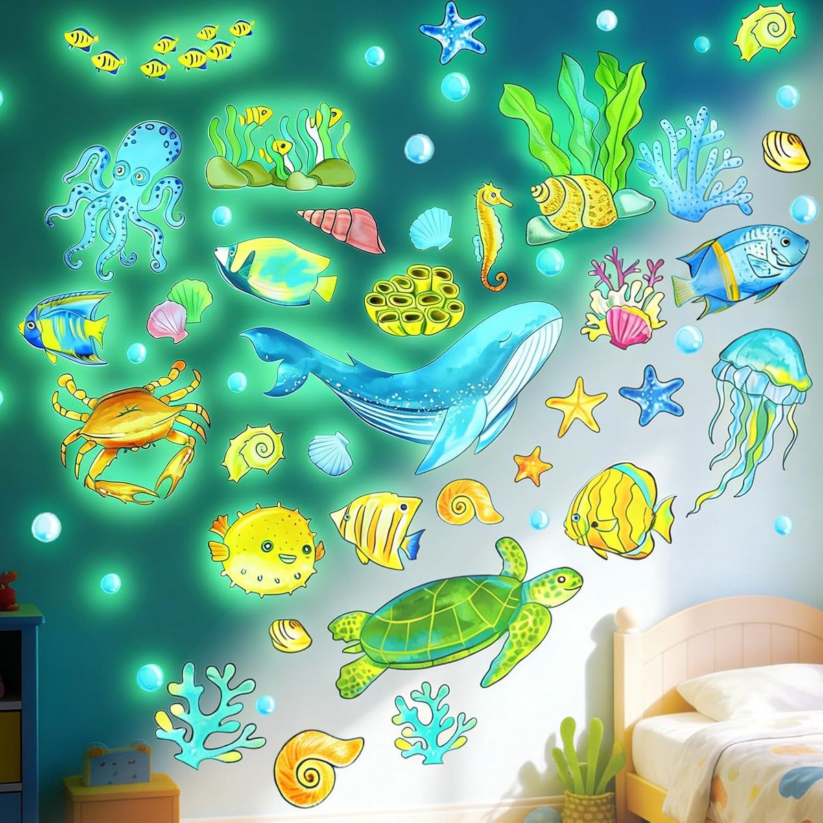 Muurstickers zeedieren oplichtend - lichtgevende oceaan decoratie - veilige PVC muursticker - voor kinderkamers - ShopVlot