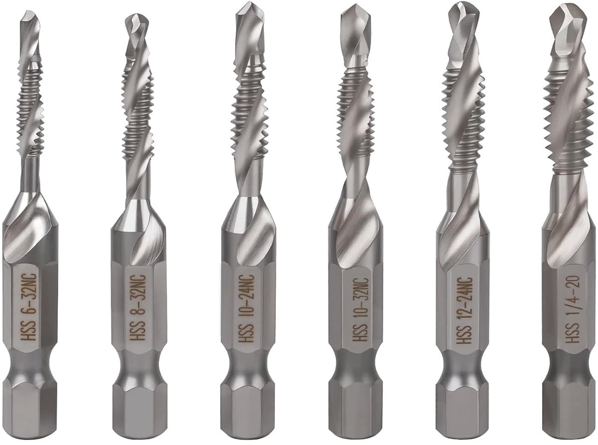 6-delige HSS combinatie boor- en tapset SAE 6-32nc - 8-32nc - 10-24nc - 10-32nc - 12-24nc - 1/4-20nc - ShopVlot