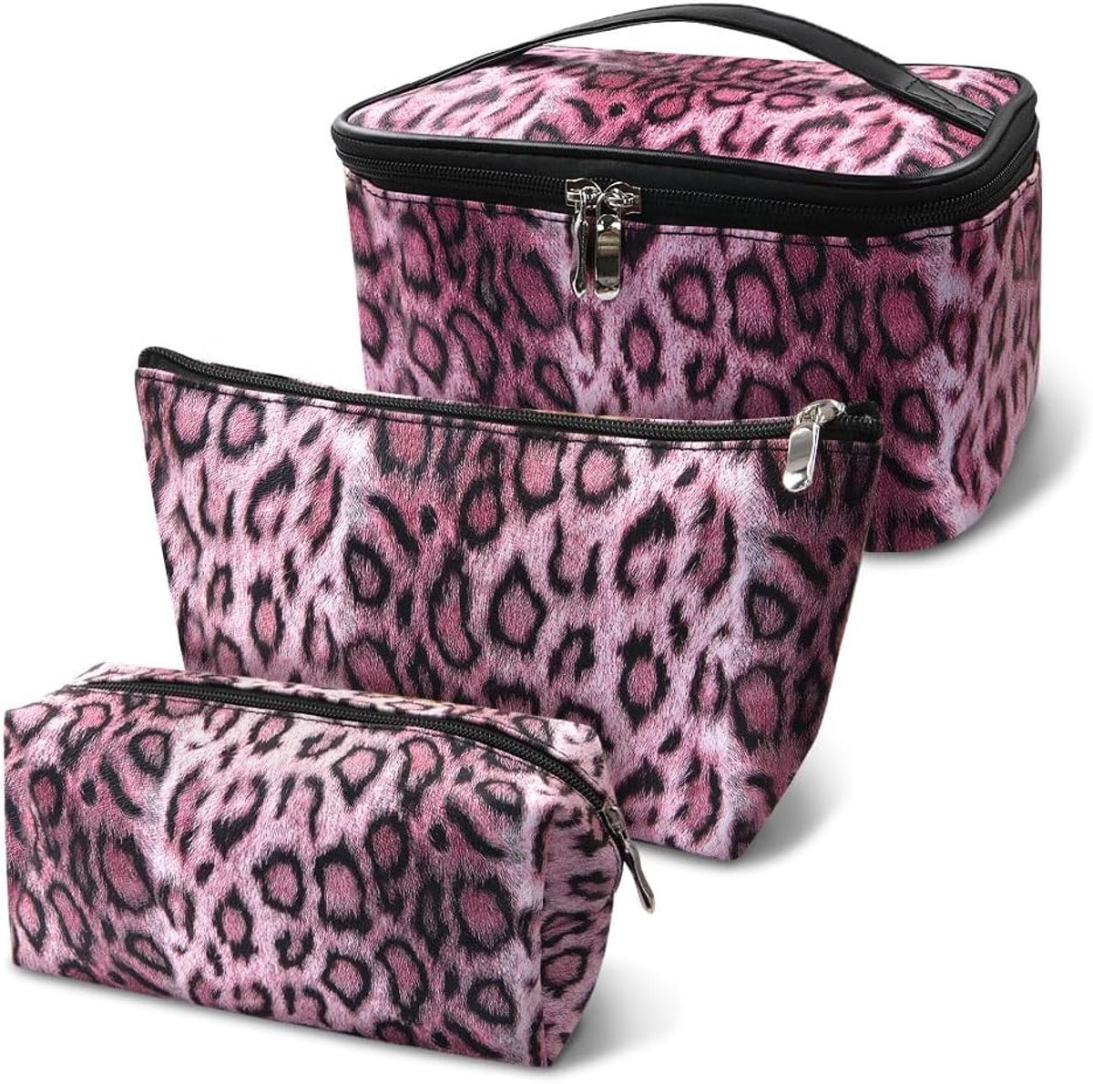 Make-uptas 3-delige set - Luipaardprint PU-leer - Organizer met ritssluiting - Ideaal voor reizen - ShopVlot