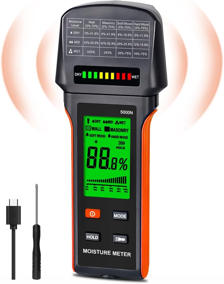 Digitale vochtmeter 5000N - all-in-one voor muren en hout - led-display met zaklamp - ShopVlot