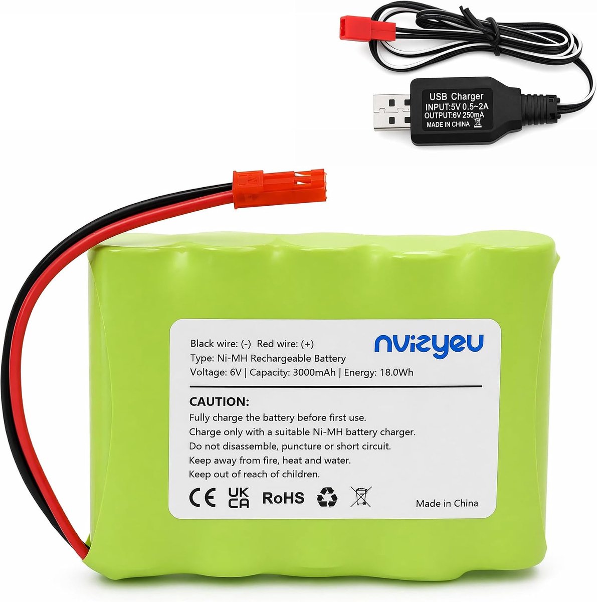 NI-MH accupack 6V 3000mAh - oplaadbare AA-batterij - met USB-oplader - ideaal voor RC-voertuigen - ShopVlot