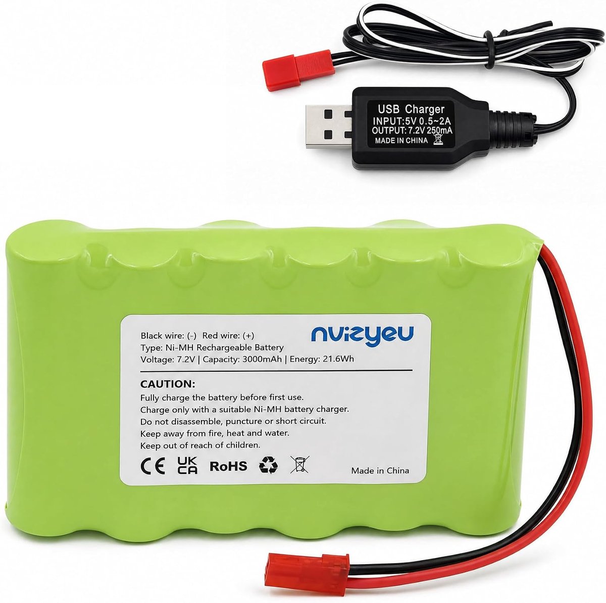 NiMH-accu 7,2 V 3000 mAh - oplaadbare AA batterijpack - met USB-oplader - voor RC-auto's en speelgoed - ShopVlot