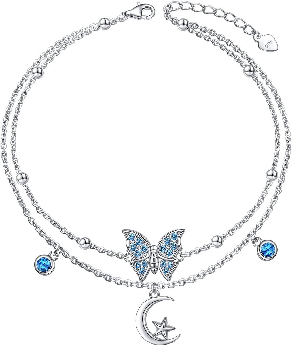 Anklet dames 925 zilver - verstelbaar - vlinder maan kralen - boho sieraden voor strand - ShopVlot