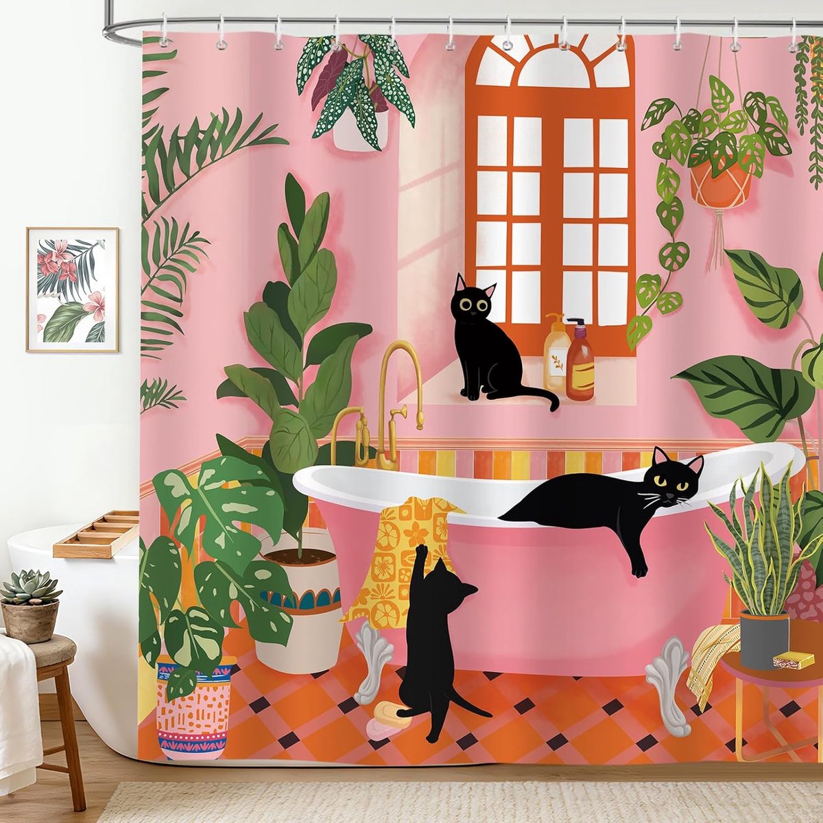 Douchegordijn 180 x 180 cm - Retro Zwarte Kat - Tropische Planten Groen - Waterdicht en Machinewasbaar - ShopVlot