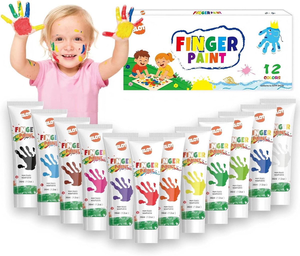Vingerverf 12 kleuren (35ml) - kindvriendelijk - niet-toxisch en wasbaar - creatief plezier voor kinderen vanaf 3 jaar - ShopVlot
