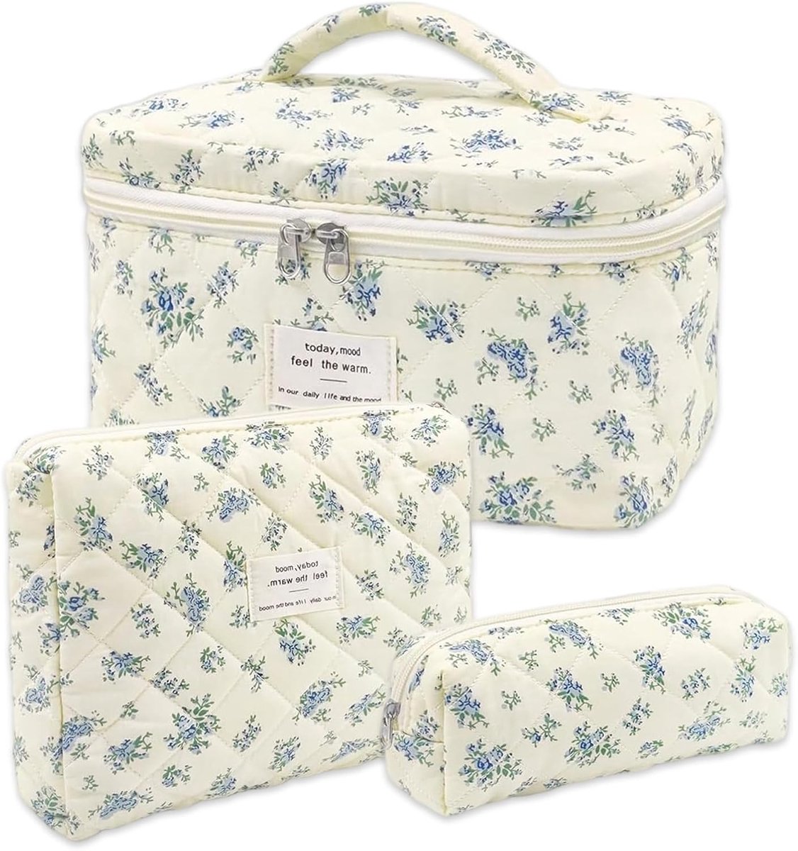 Make-up tas set 3 stuks - bloemmotief - blauw - ideaal voor reizen - SnelShoppen