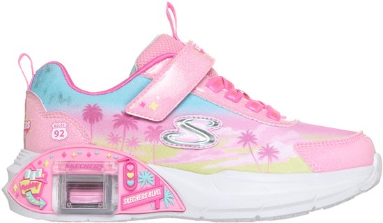 Roze sneaker met palmbomen en zonsondergangprint, klittenbandsluiting en lichtjes in de zool.