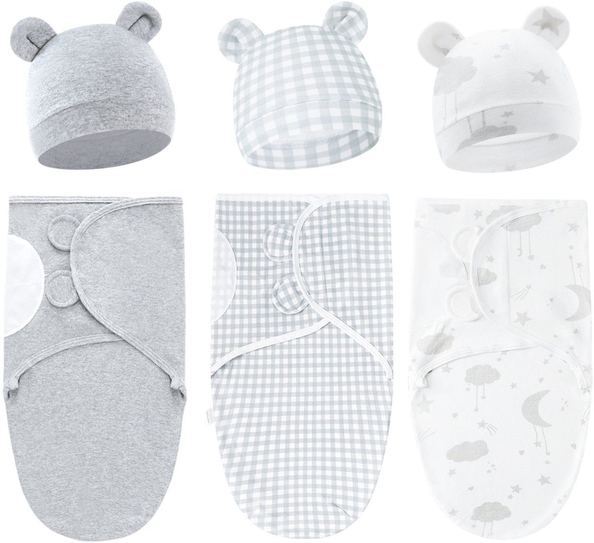 Set van 3 babywikkeldekens, 100% katoen, zacht en ademend, met schattige capuchons. Geschikt voor baby's van 0-3 maanden en pasgeborenen om schrikreacties te voorkomen,Set 7