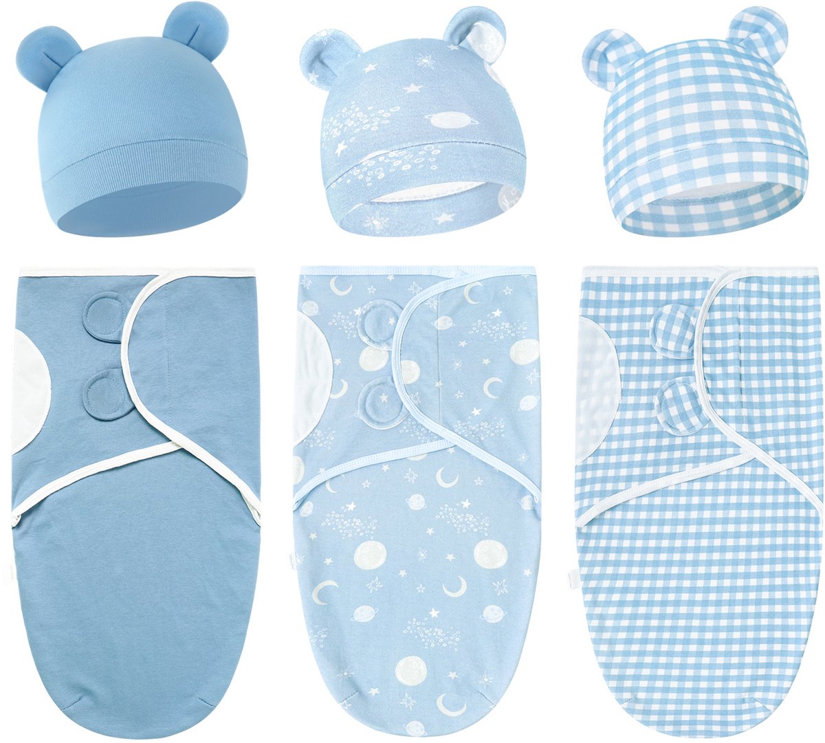 Set van 3 babywikkeldekens, 100% katoen, zacht en ademend, met schattige capuchons. Geschikt voor baby's van 0-3 maanden en pasgeborenen om schrikreacties te voorkomen,Set 15