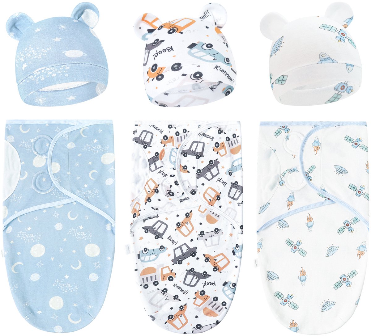 Set van 3 babywikkeldekens, 100% katoen, zacht en ademend, met schattige capuchons. Geschikt voor baby's van 0-3 maanden en pasgeborenen om schrikreacties te voorkomen,Set 10