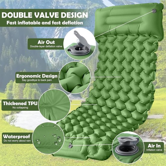 Zelfopblazende Slaapmat - Kampeerluchtbed - Buiten Kamperen - Ingebouwde Voetpomp - 220x70 cm - Groen — afbeelding 3