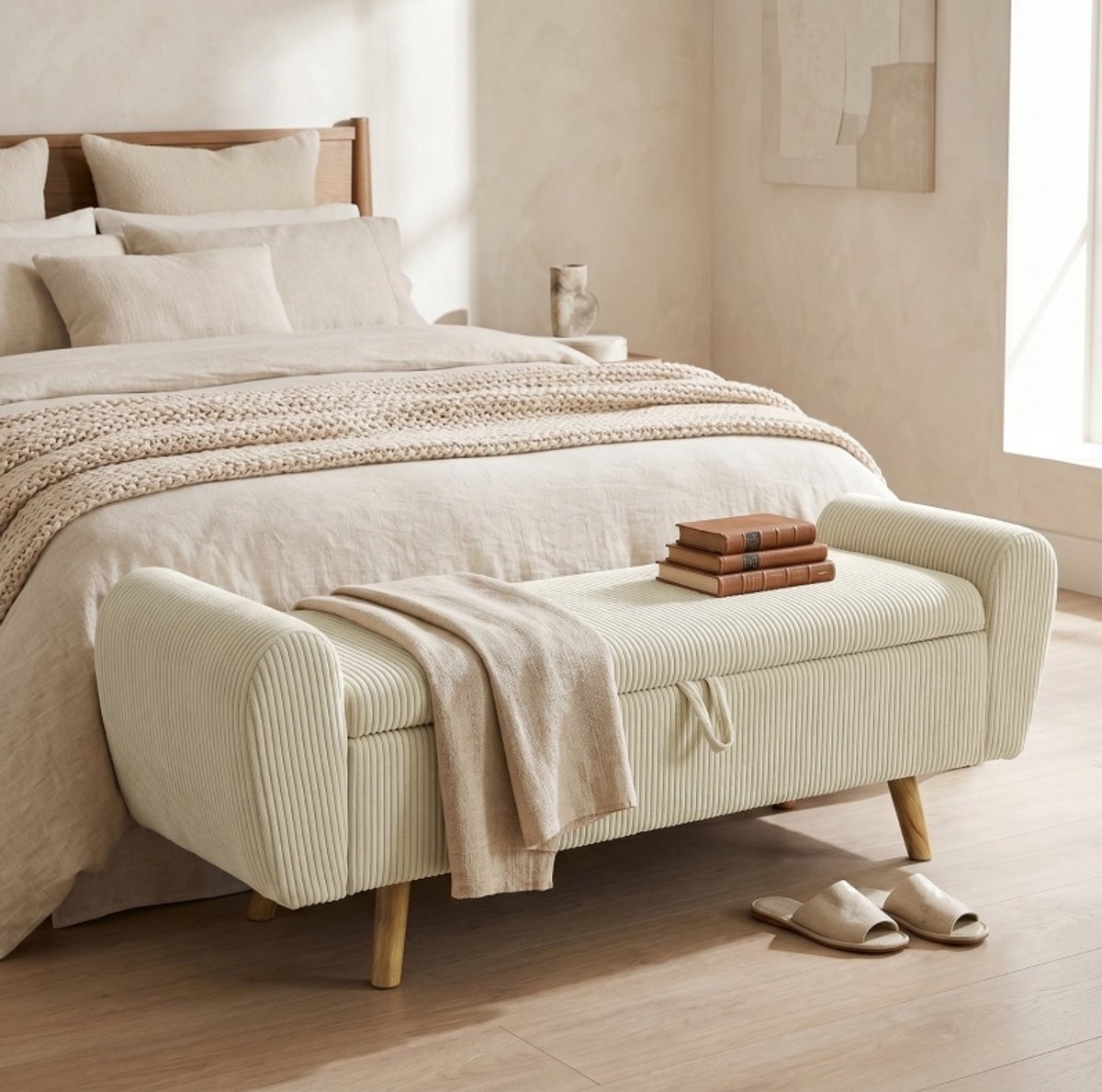 STILVORA Opbergbank 2-Zits 150 Cm Met Verborgen Opbergruimte En Gerolde Armleuningen Voor Slaapkamer En Woonkamer Beige Cord Met Houten Poten