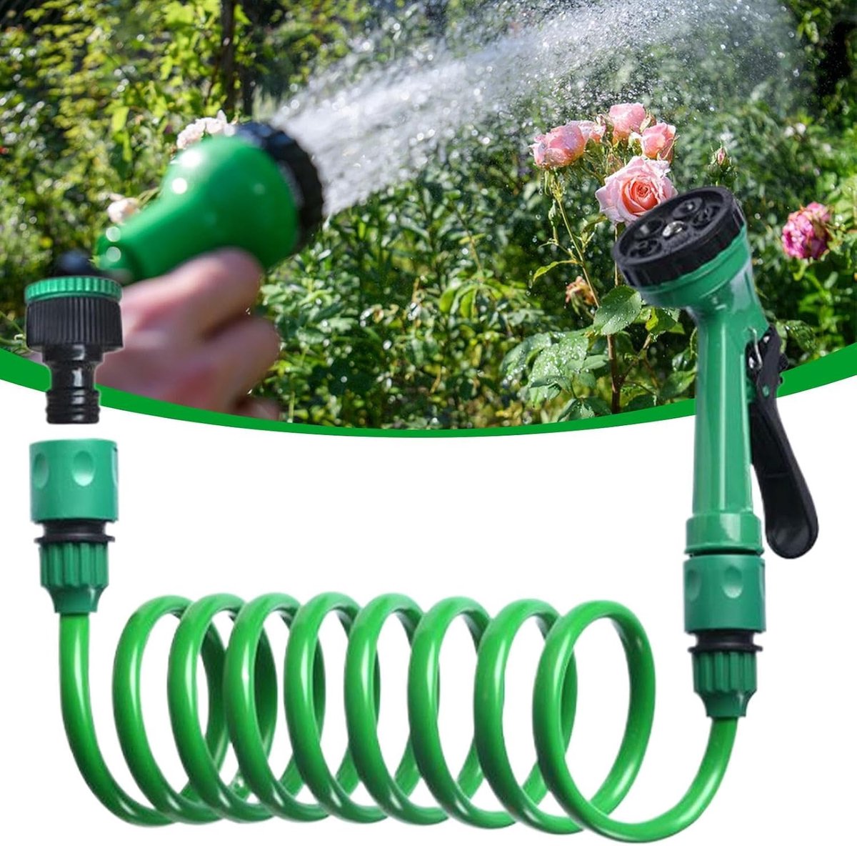 Spiraal Tuinslang - Uitzetbare Waterslang - Gazon Besproeien - Zelfoprollend Klitvrij - 10 meter - Groen – foto 4