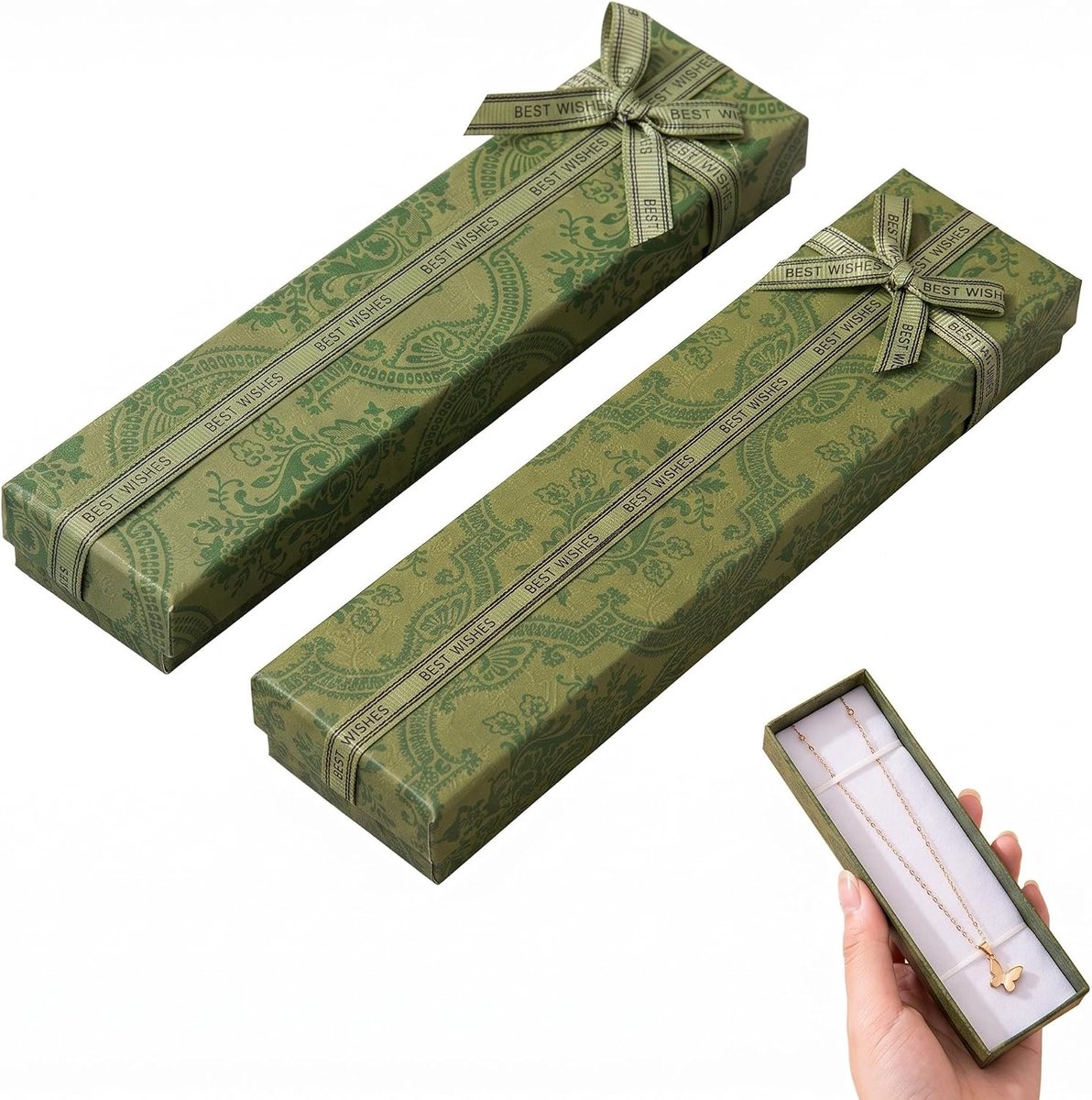 Geschenkdozen voor sieraden 21 x 4 x 2,2 cm - groen karton met strik - elegante verpakking voor kettingen en armbanden - ShopVlot