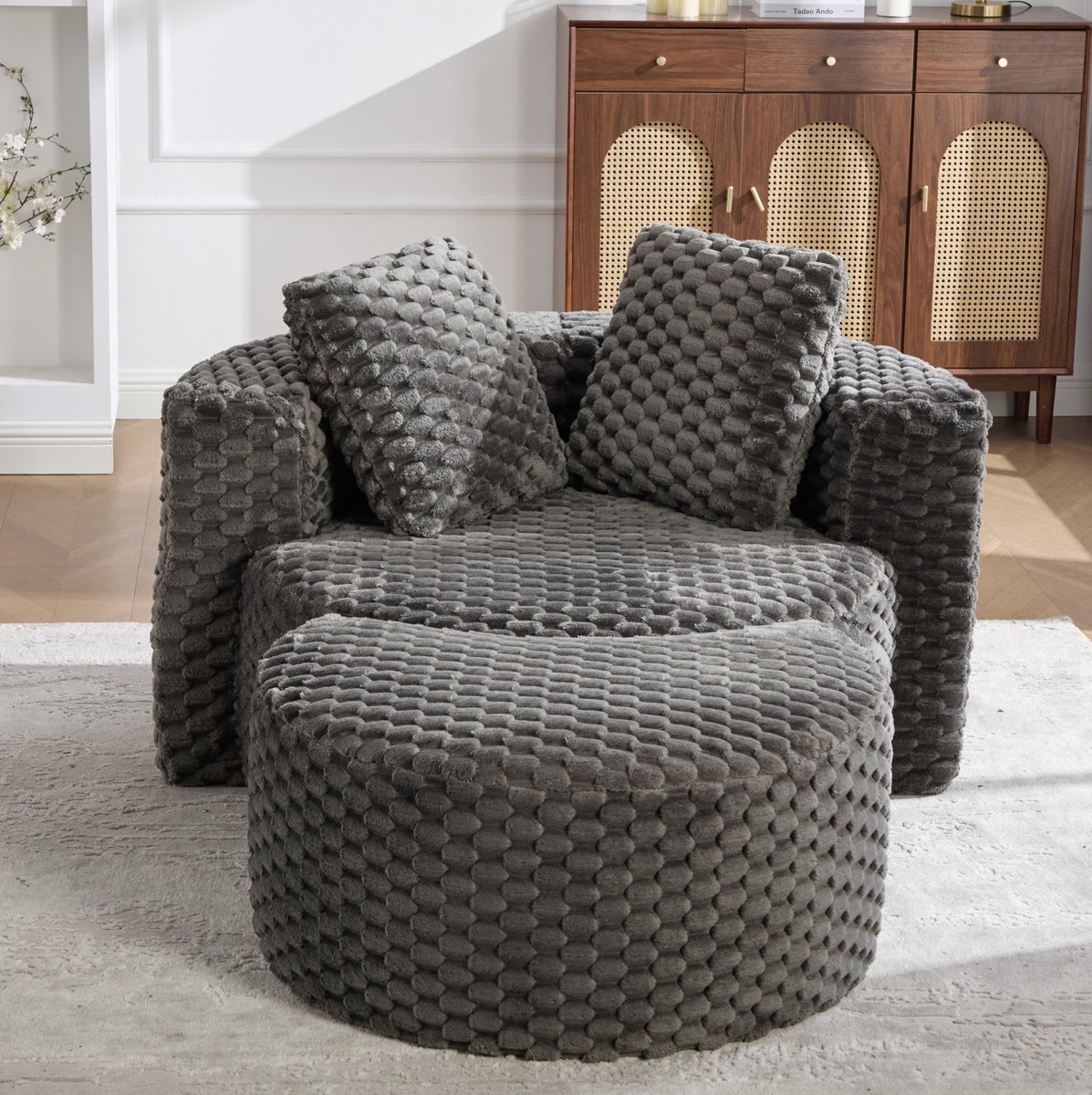 MEUNIQ Fauteuil met hocker 130 x 115 x 84 cm, diepgrijs stoffen design, gestoffeerd en direct gebruiksklaar voor woonkamer of slaapkamer Donkergrijs