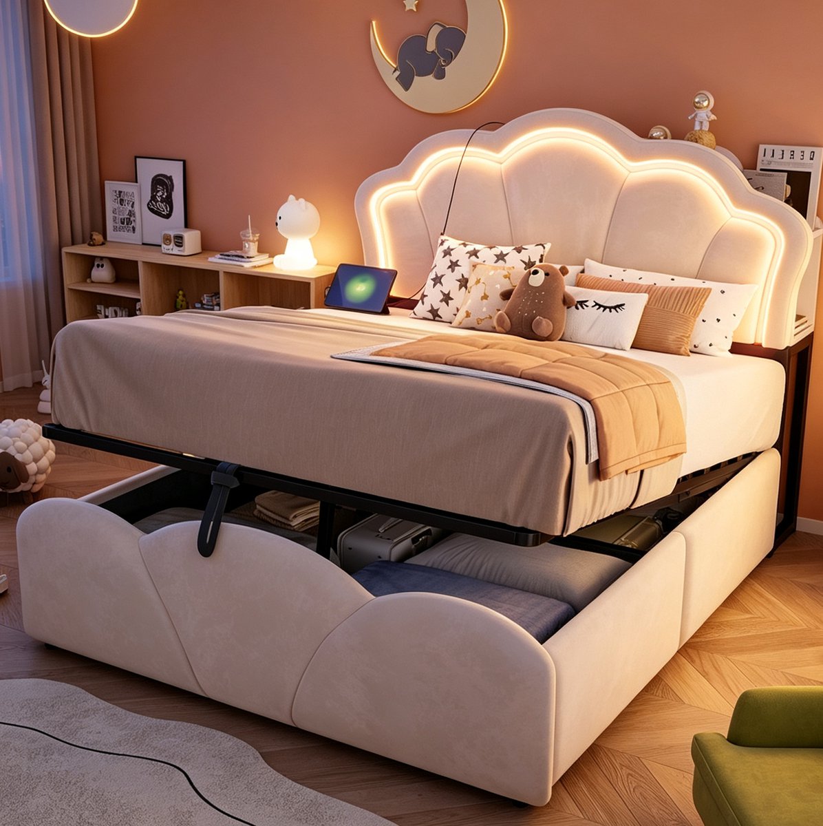 MIVRAY Gestoffeerd Bed 140x200cm Zonder Matras - Bed Met Opbergruimte En LED Verlichting - Hoofdbord Met Opbergvakken En Stopcontacten - Fluweel - Beige