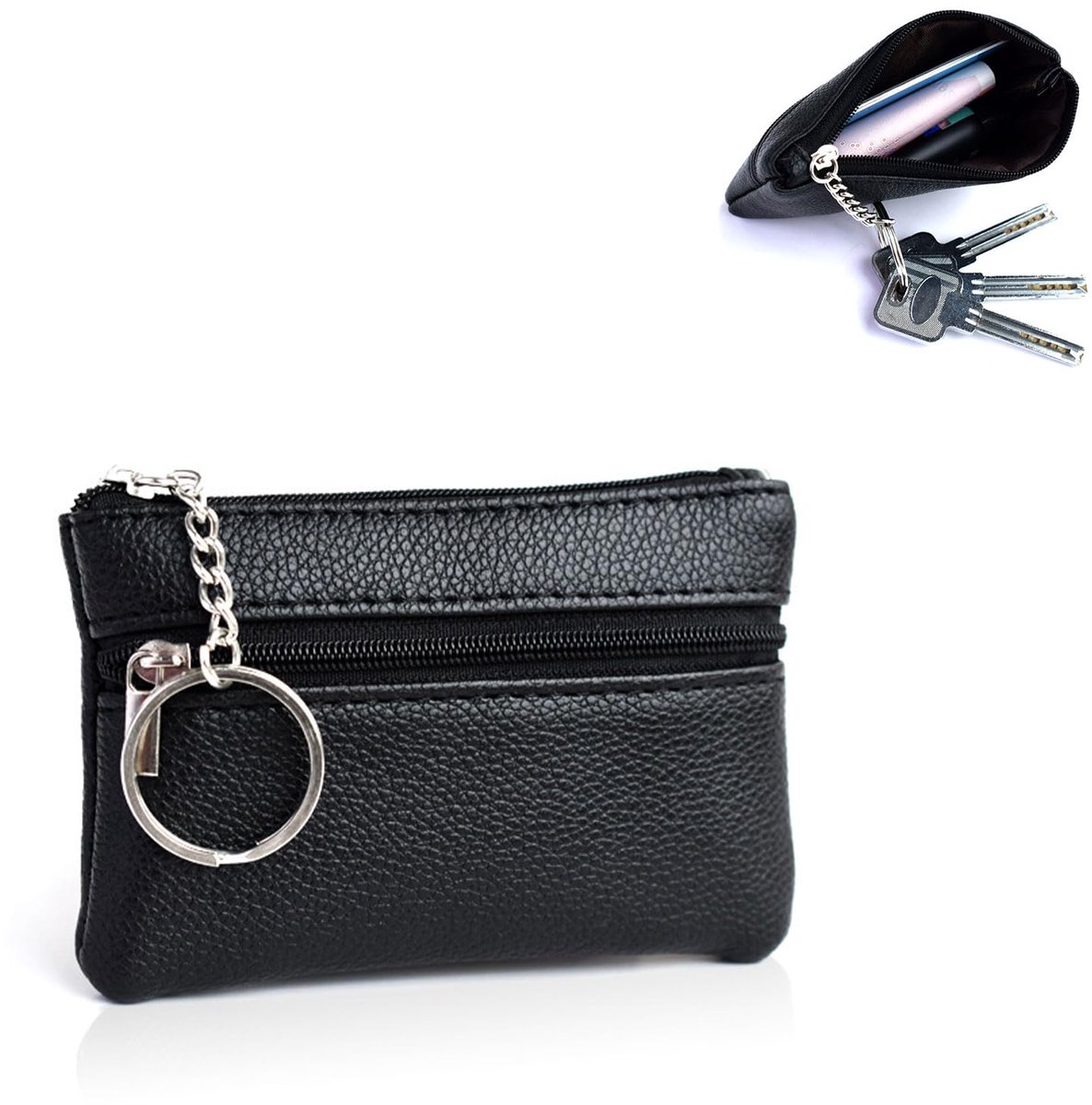 Sleuteletui zwart 11,5 x 7,5 cm - leren sleuteletui met 2 vakken - mini-sleutelhouder - handig voor dames en heren - ShopVlot