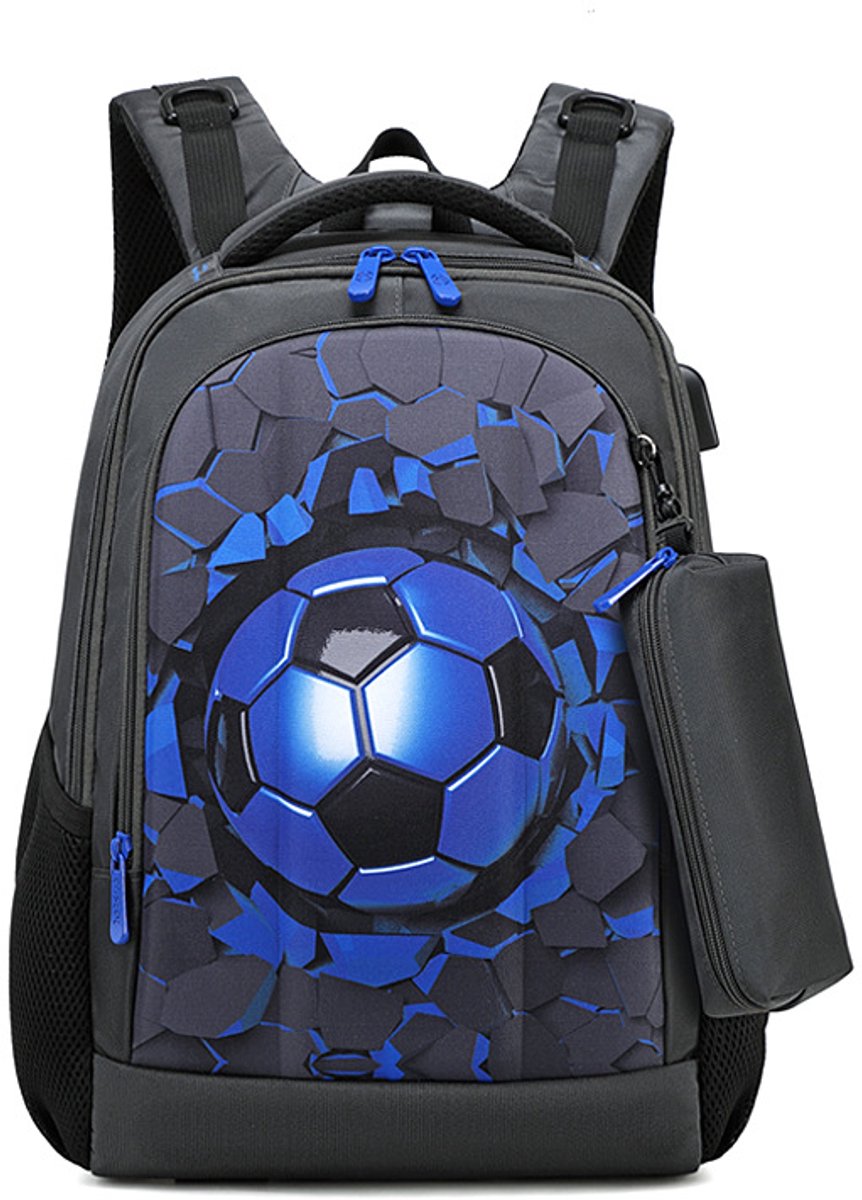 Ulisem - Schooltas - Harde kindertas met voetbal ontwerp - 16 inch groot - Waterdichte en vuilafstotende Oxford stof - Met 5 opbergvakken - Geschikt voor 15.6 inch laptop - Voor meisjes en tieners - Stevig en duurzaam - Blauw