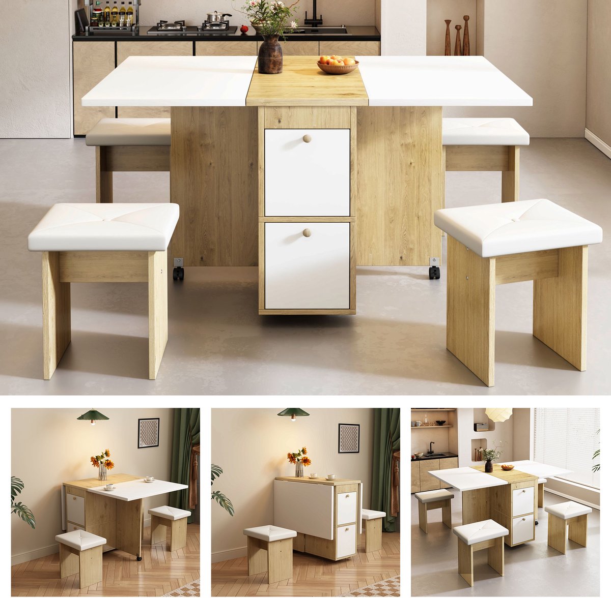 Eettafel Set 5 Delig - Uitklapbare Eettafel 120x80 cm Met 4 Eetkamerstoelen - Wit Eiken