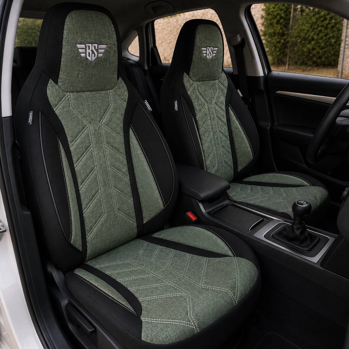 Autostoelhoezen voor Volvo XC90 BJ 2002-14 – Stoelhoezen voor bestuurder en passagier in Zwart/Olijfgroen