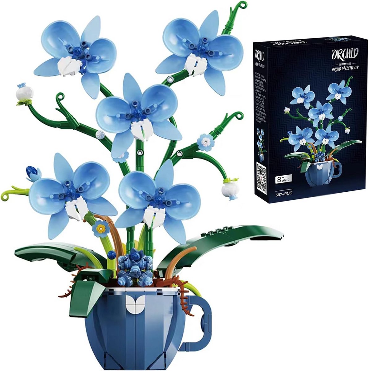 SWGOTA Blauwe Orchidee Bloem Bouwset voor Volwassenen, Koffiekop Orchidee Botanische Collectie Plant Bouwkit, Huis- en Kantoordecoratie Cadeau voor Kerstmis, Valentijnsdag, Verjaardag 567 stukken