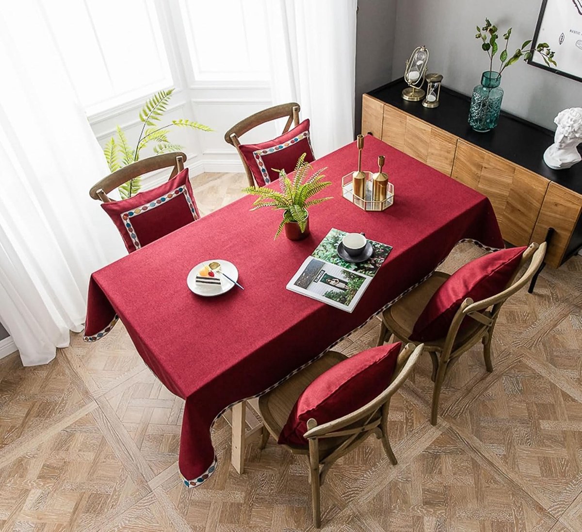Coffee Table Cover Protector Rectangle 51"W x 86L,Coffee Tablecloths Red,Solid Color with Embroidered Edge,Polyester - ShopVlot