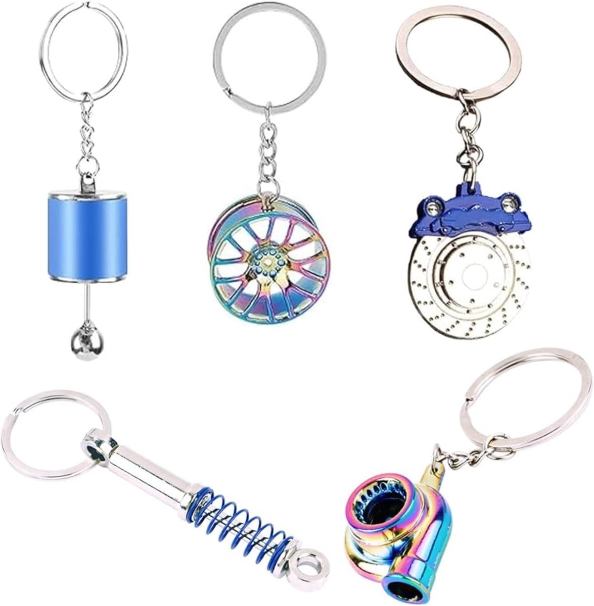 Autosleutelhangers set van 5 - blauw metaal - turbolader, schijfremmen, versnellingsbak, velgen, schokdemper - SnelShoppen