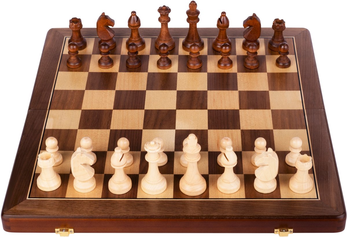 Schaakset 15 inch -magnetisch- opklapbaar-luxe Walnoothout- verzwaarde stukken -dubbele koningin-Engelhart