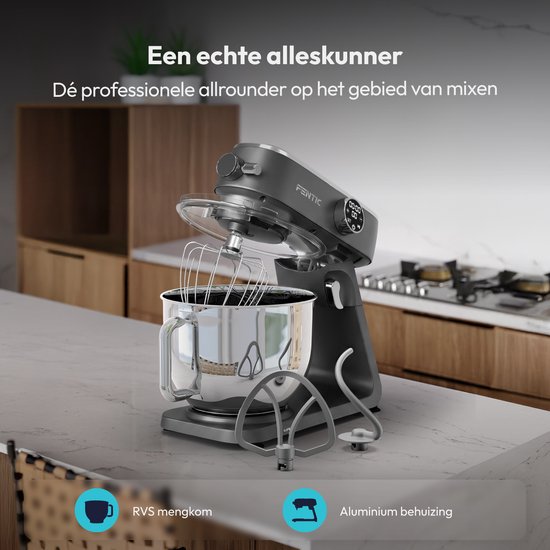 Fentic Keukenmachine 1800W, 7l RVS Mengkom, Keukenrobot met Alunimium Behuizing, Incl. Menghaak, Garde, Deeghaak en Extra Accessoires, Met Timer en 10 Snelheden van Merkloos — afbeelding 3