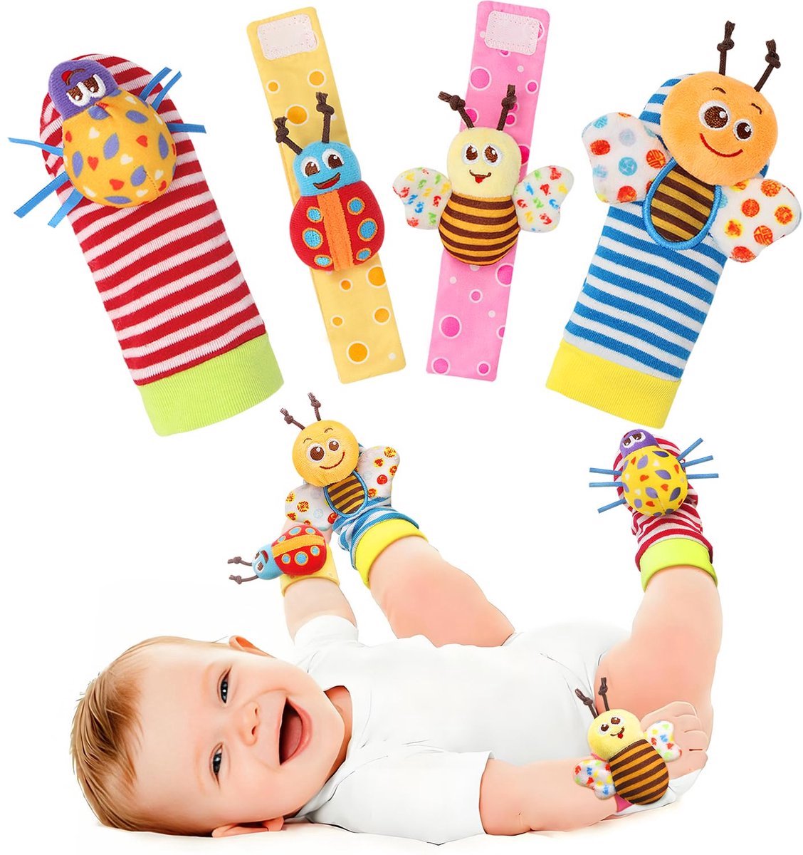 Casalora Baby Rammelaar - Rammelaar Sokjes en Armbandjes - Pols en Voetrammelaar - Speel en Voetzoeker Sokken - Baby Sokjes - Pluche Knuffels