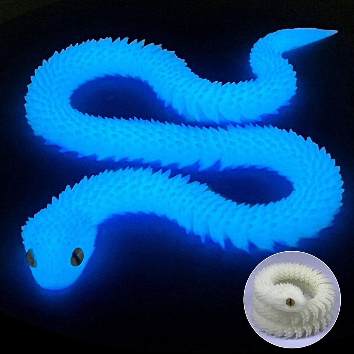 Casalora 3D Geprint Speelgoed - Beweegbaar Slangenfiguur - 30 cm - Fidgetspeeltje voor Thuiskantoren en Decoratie voor Bureaus - Blauw Licht
