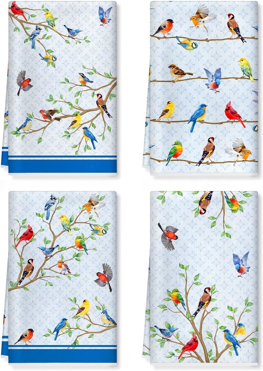 Keukenhanddoeken set van 4 - 42x70cm zachte katoenmix - unieke vogels - perfect voor huisdecoratie - ShopVlot