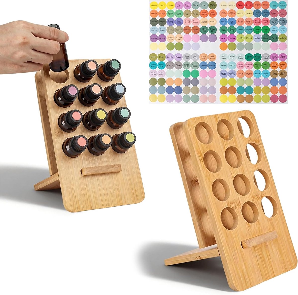 Essentiële olie standaard 12 vakken - houten houder - met 192 ronde flesstickers - ideaal voor aromatherapie - ShopVlot
