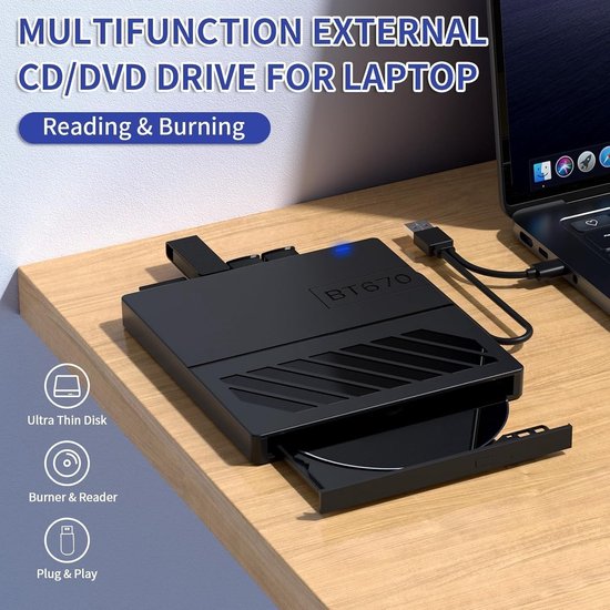 Externe Cd/Dvd Station - Draagbare Brander - Bestanden Overzetten - Met 6 Extra Poorten - USB 3.0 - Zwart — afbeelding 3