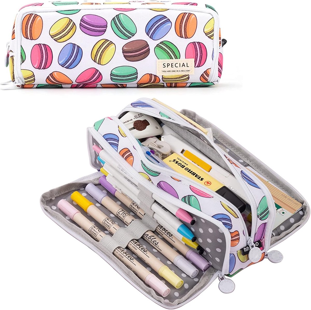 Etui - Multifunctioneel Ruim met 3 Vakken - Etuis voor School Jongens en Meisjes - Kantoor - Pennenzak - Schoolspullen - Schoolbenodigdheden - Reistas Make-uptas kabeltas - Macarons