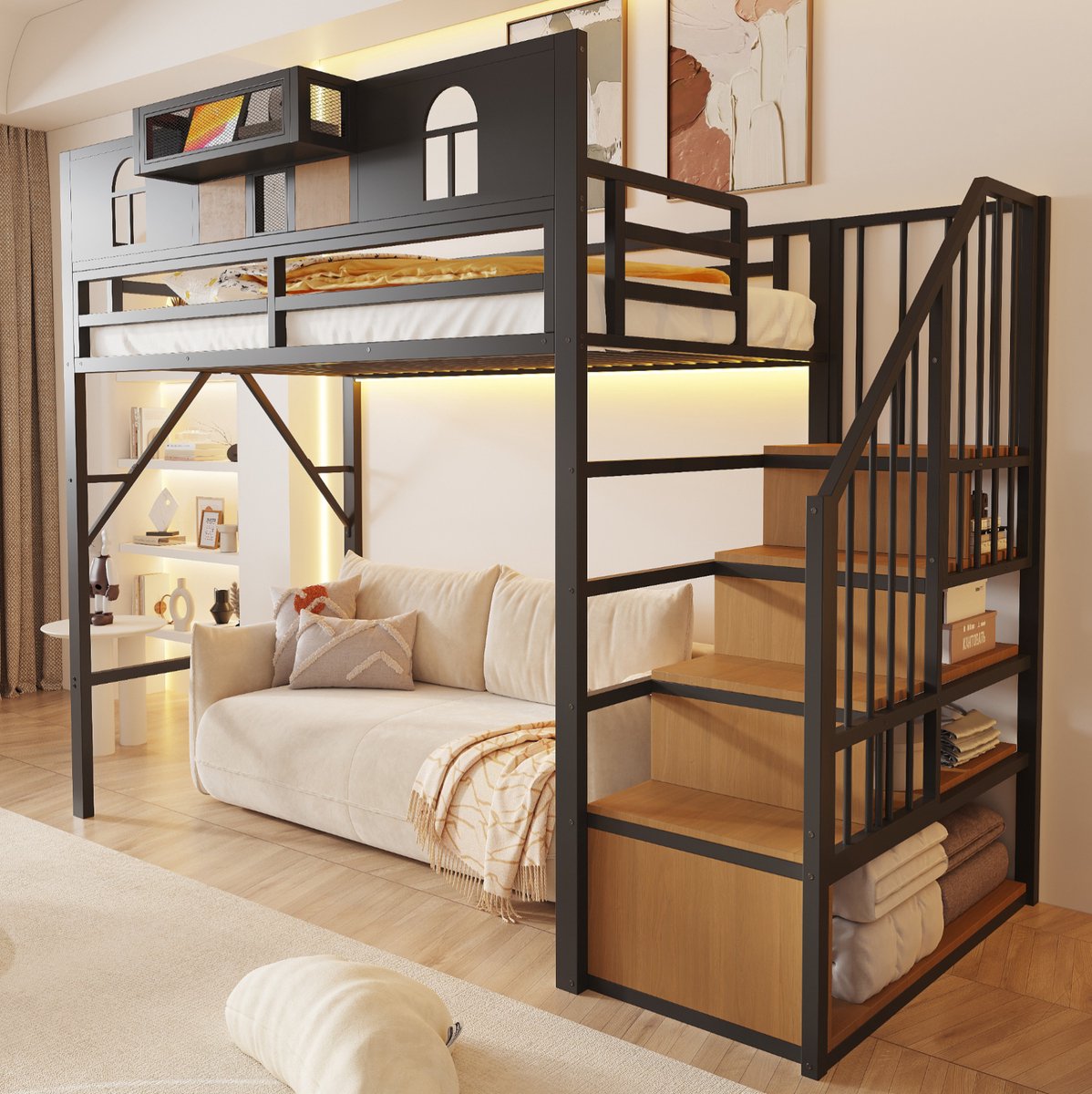 STILVORA Hoogslaper 90x200 cm – Met Opbergtrap En Lichtstrip – Open Ruimte En Opbergvak – Voor Compacte Slaapkamer – Metaal En MDF – Zwart – Zonder Matras